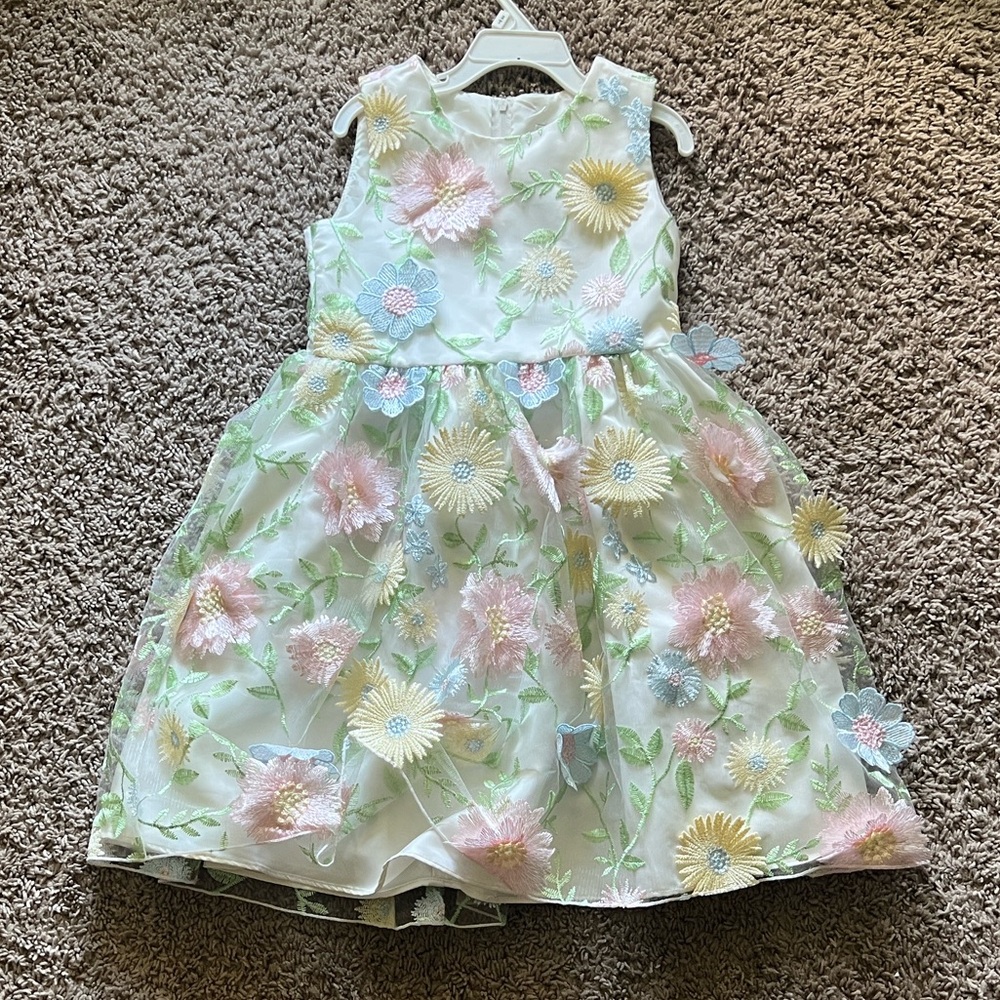 Rare Editions White Floral Embroidered Party Dress with Pastel Accents